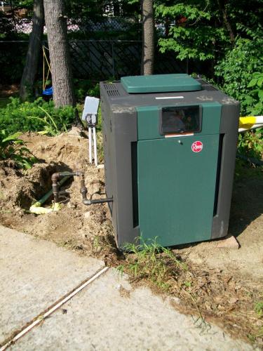 Rheem natural gas pool heater installed in Belmont, MA.