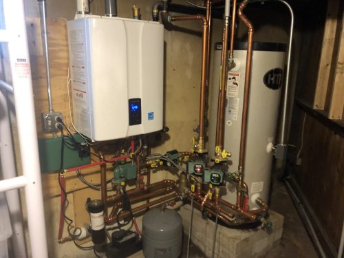 Navien natural gas high efficiency hot water boiler installed with a 45 gallon Superstor indirect hot water heater